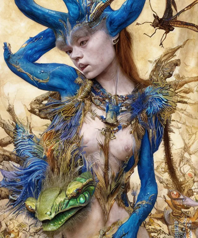 Prompt: a portrait photograph of a meditating fierce sadie sink as a colorful harpy antilope super hero with blue skin with scales. she is being transformed into a alien amphibian animal. by donato giancola, hans holbein, walton ford, gaston bussiere, peter mohrbacher and brian froud. 8 k, cgsociety, fashion editorial