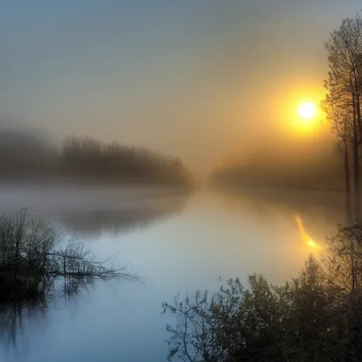 Prompt: sunrise over a foggy river, atmospheric expressionism