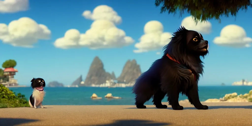 Prompt: a wholesome animation key shot of a black tibetan spaniel, spanish riviera in the background, studio ghibli, pixar and disney animation, sharp, rendered in unreal engine 5, anime key art by greg rutkowski, bloom, dramatic lighting