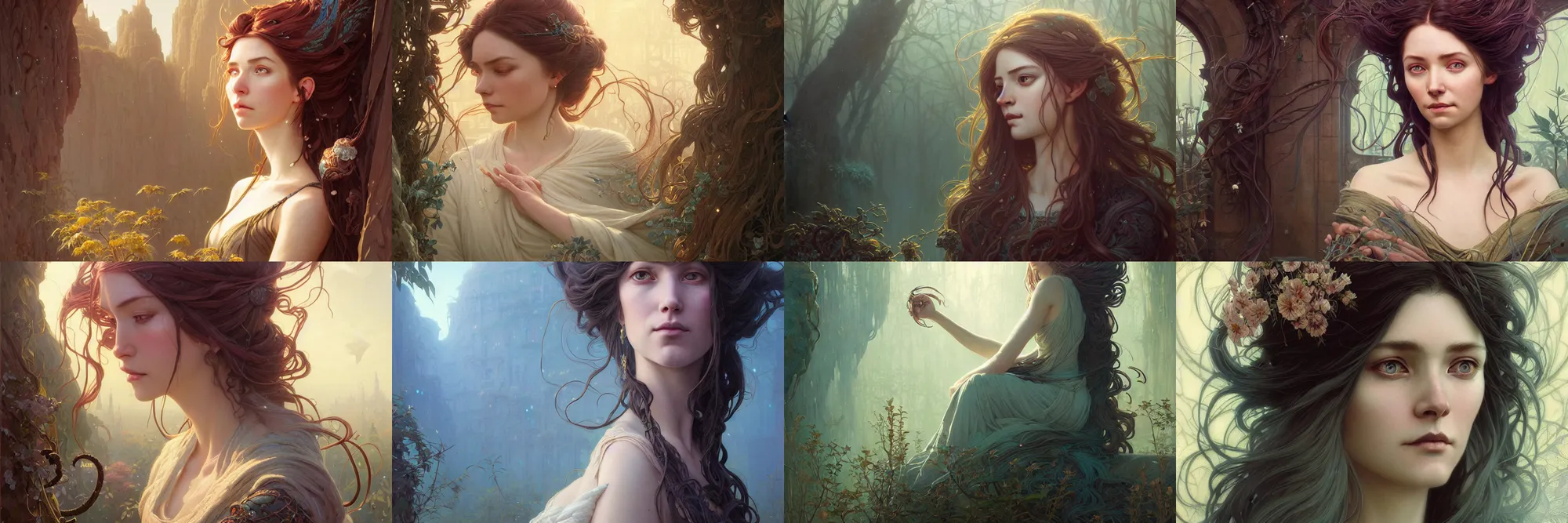 Image similar to highly detailed portrait of a woman with long hairs, stephen bliss, unreal engine, fantasy art by greg rutkowski, art nouveau, loish, rhads, ferdinand knab, makoto shinkai and lois van baarle, ilya kuvshinov, rossdraws, tom bagshaw, alphonse mucha, global illumination, radiant light, detailed and intricate environment