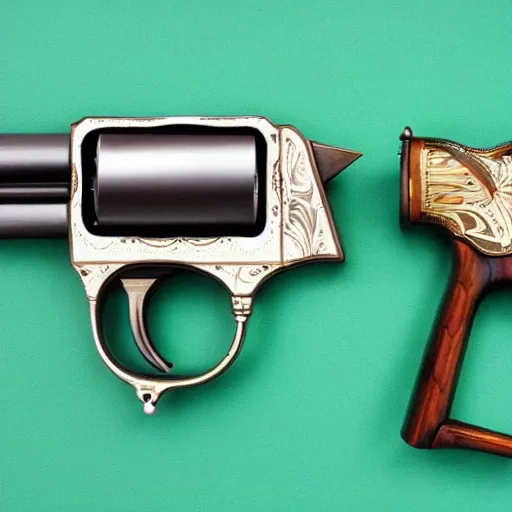 Prompt: an elegant victorian set of dueling pistols decorated with an apple theme