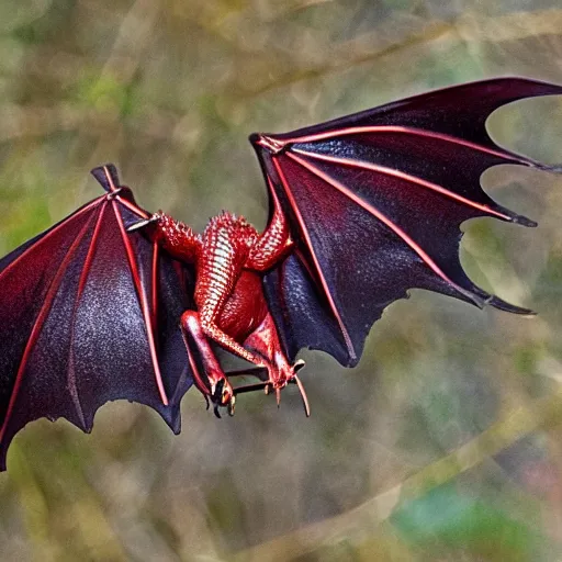 Image similar to a beautiful dark red dragon with shiny copper scales and bat like wings.