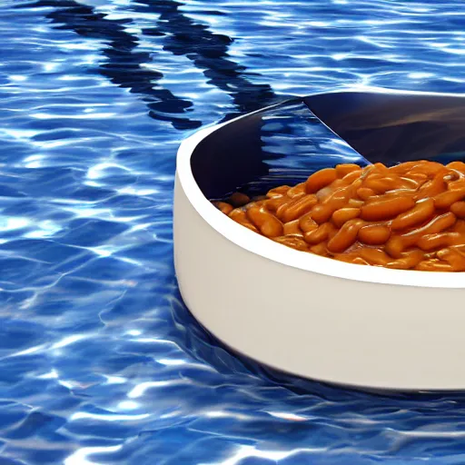 Image similar to mr bean swimming in a bathtub but instead of water it is baked beans full to the brim