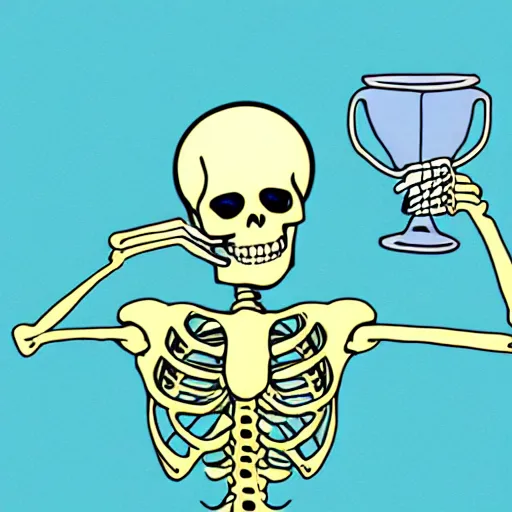 Image similar to skeleton drinking a lemonade, lemonade spilling from its tummy