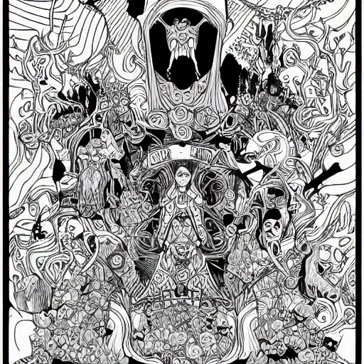 Image similar to a coloring page of a weird dream by James Jean and Dan Mumford and Strongstufftom and Adi Granov