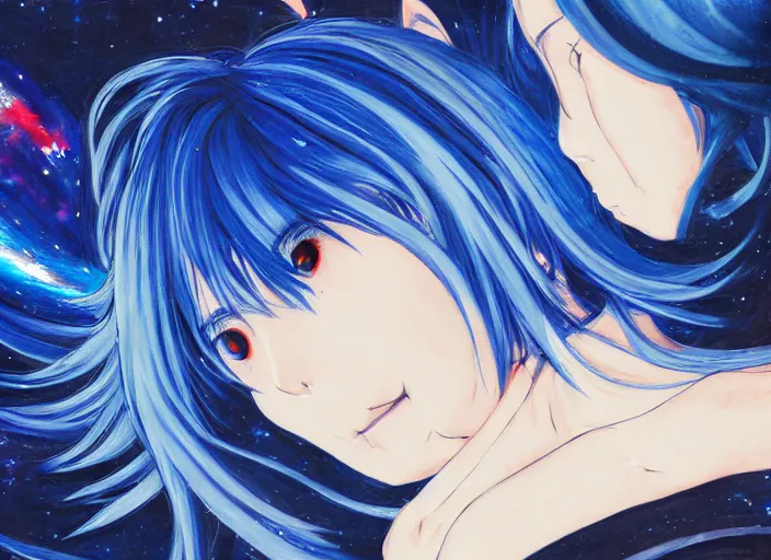 Image similar to a woman with blue hair laying on the ground with her head down, a detailed painting by rei kamoi, featured on pixiv, space art, official art, anime, toonami