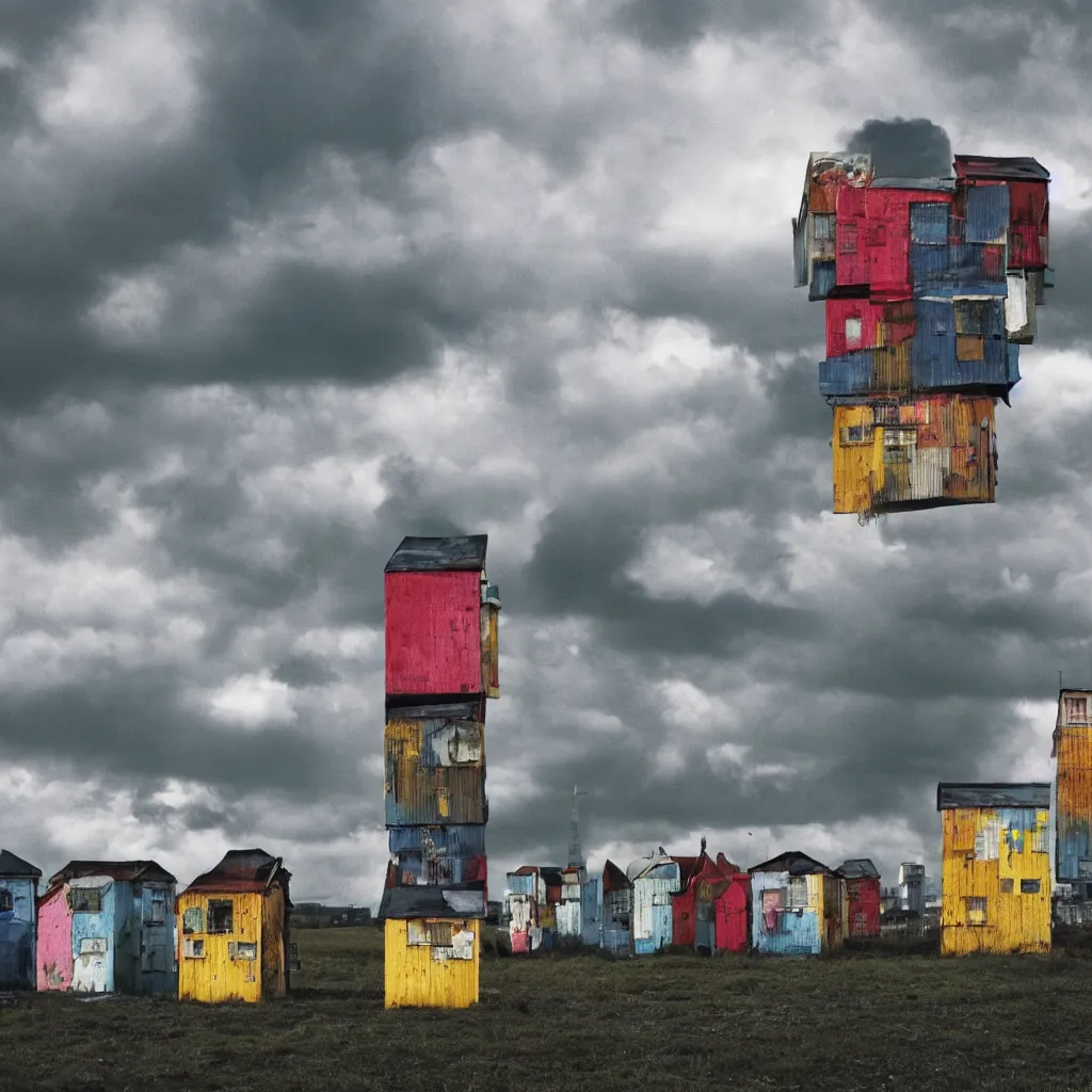 Image similar to close - up towers made up of colourful makeshift squatter shacks, bleached colours, dramatic cloudy sky, dystopia, mamiya, very detailed, ultra sharp, photographed by andy warhol