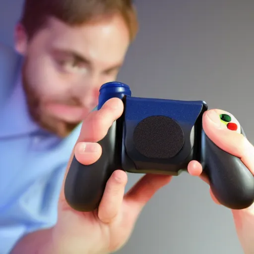 Image similar to a video game controller merging with someone's head, while they are still holding onto the controller,