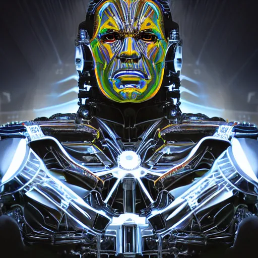 Image similar to beautiful Fine art photo portrait of enraptured Arnold Schwarzenegger as a solarpunk robotic god, white mechanical parts with led lights, photorealistic, white background, highly detailed and intricate, sunset lighting, HDR 8k