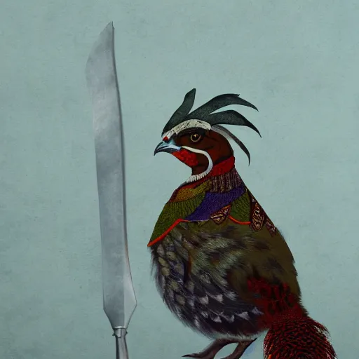 Prompt: pheasant holding a sword, by lily seika jones Instagram, rivuletpaper art, top cinematic lighting , cinematic mood, very detailed, shot in canon, 8k, high resolution