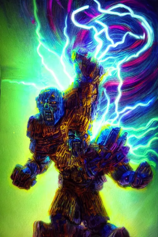 Prompt: electric titan, painted by frank wu and peter lloyd, trending on artstation, rembrandt lighting front view iridescent colors, chalk art, macro, magic realism, manierism