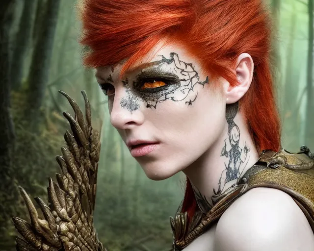 Image similar to 5 5 mm portrait photo of an armored gorgeous anesthetic redhead woman warrior with a face tattoo and wing growing from her head, in a magical forest in the style of stefan kostic, art by luis royo. highly detailed 8 k. intricate. lifelike. soft light. nikon d 8 5 0. cinematic post - processing