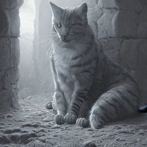 Image similar to photorealistic demonic cat in the style of michael whelan and gustave dore. hyperdetailed photorealism by greg rutkowski. 1 0 8 megapixels, 3 d finalrender, cinematic lighting