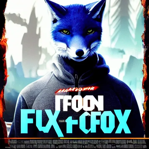 Prompt: modern action adventure movie poster, featuring in anthropomorphic blue fox in a hoodie, promotional movie poster print
