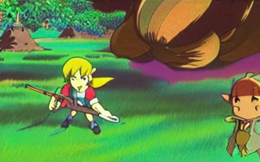 Prompt: full - color cinematic movie still from a 1 9 8 0 s studio ghibli anime featuring link with a fairy in the hyrule overworld fighting against an octorok and a moblin. legend of zelda anime.