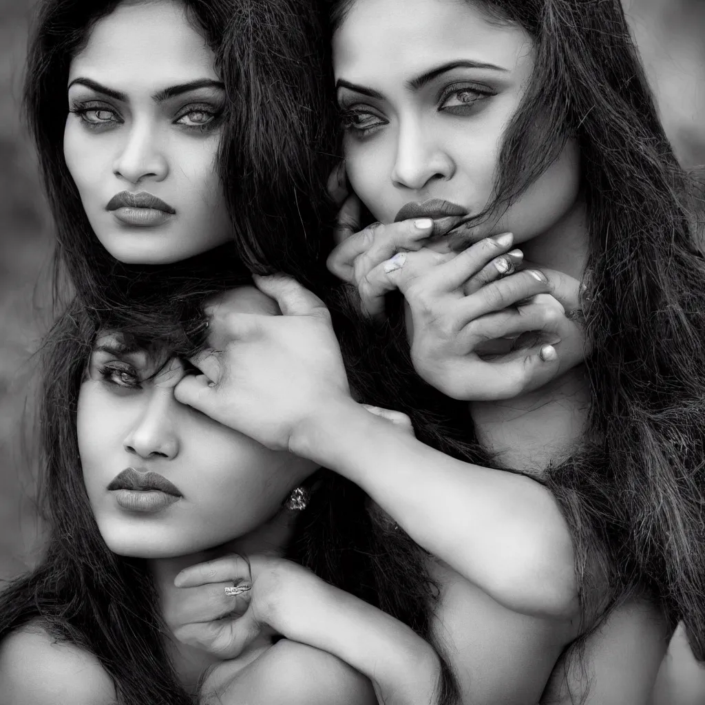 Image similar to waist up portrait photography of indian beauty who have the nose of angelina jolie, lips of megan fox and the eyes of rihanna, award winning photography by leonardo espina, black and white, old style photography, photo pose