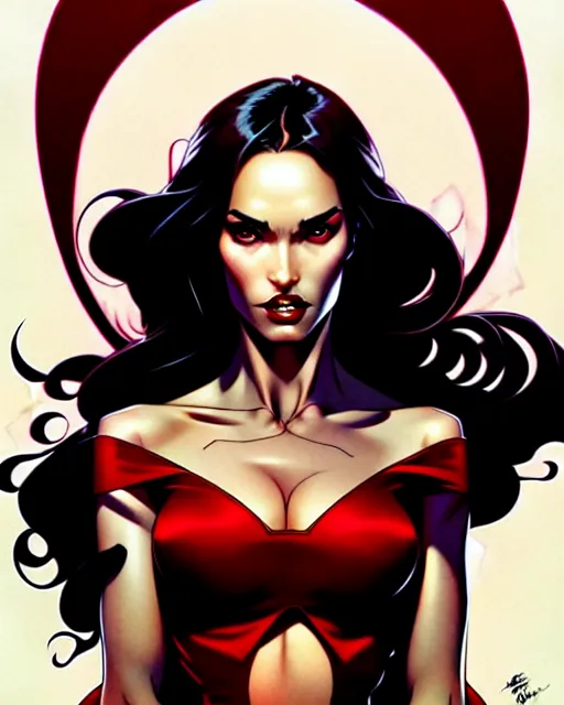 Image similar to artgerm, joshua middleton comic cover art, full body pretty megan fox vampire sharp teeth, red dress, symmetrical eyes, symmetrical face, long curly black hair, dark castle background background, cinematic lighting