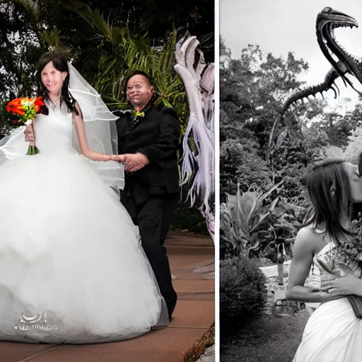 Image similar to wedding photography picture of a predator ( from the predator movies ) as the groom and a xenomorph alien as the bride in an outdoor wedding ceremony