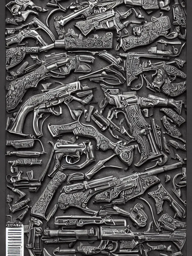 Image similar to carving in dark black steel of machine guns shotguns rifles revolvers bullets, dark vintage paperback cover, ultra-realistic, intricate details, 4k