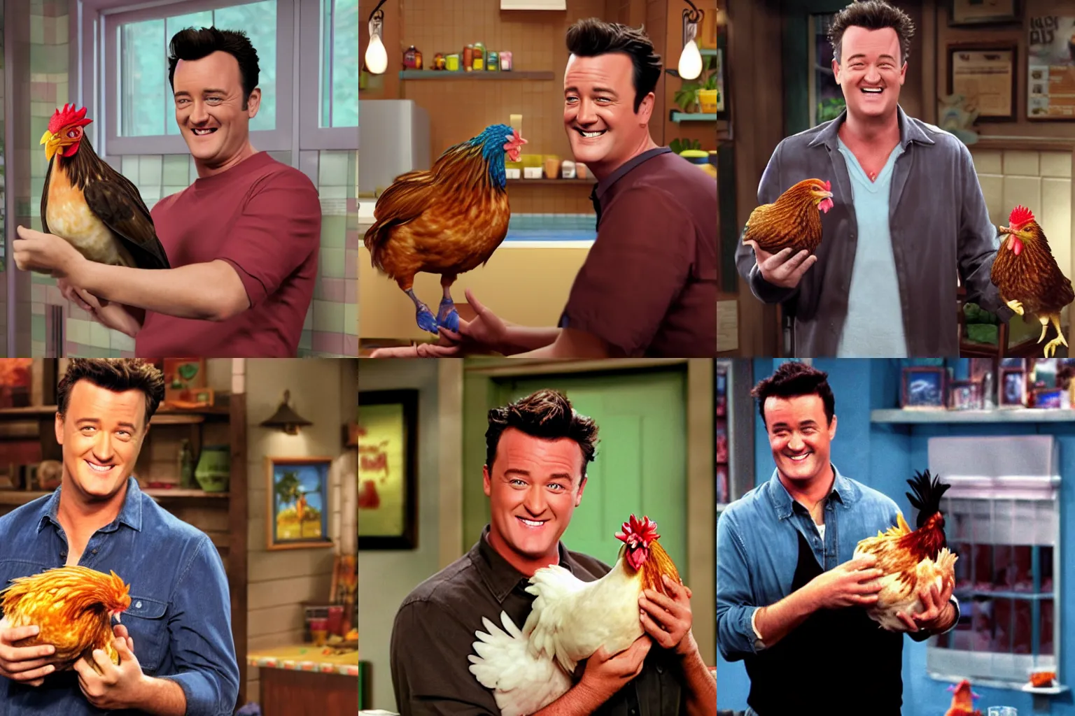 Prompt: chandler bing smiling holding a chicken, 'friends' Episode screenshot, 35mm film still, unreal 5, DAZ, hyperrealistic, octane render, Detailed Digital Art, dynamic lighting, Highly Detailed, Cinematic Lighting, Unreal Engine, 8k, HD