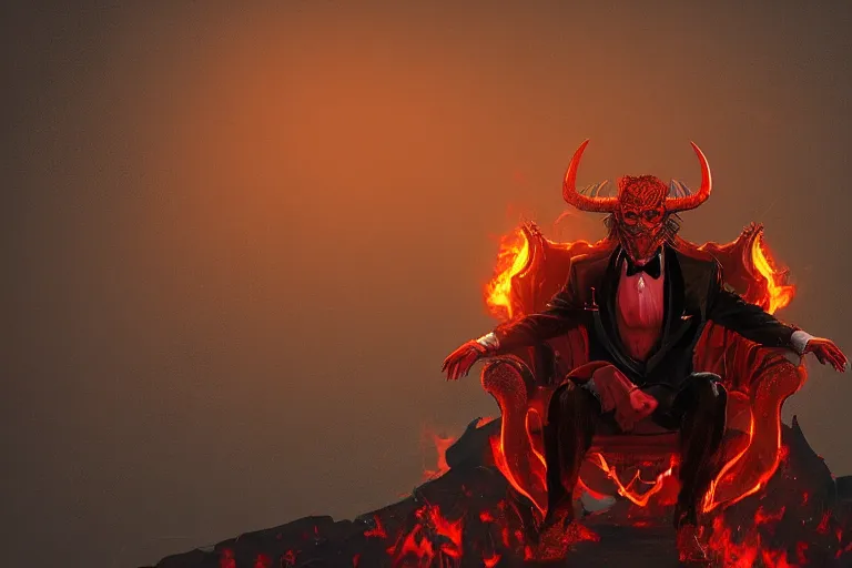 Image similar to A Male Devil sits on a throne and wears a black tuxedo , hell, landscape, fire, environment, Artstation