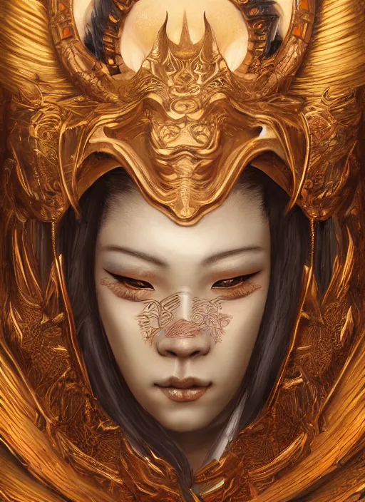Prompt: a beautiful detailed oil on copper art illustration of a japanese samurai dragon mask woman, centered, by charlie bowater, zeng fanzh, trending on artstation, dim dusk lighting, cinematic lighting, detailed lighting, volumetric lighting, realistic, f 8, 4 k hd wallpaper