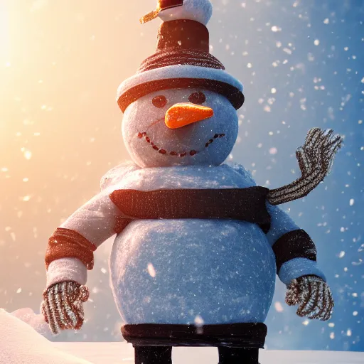 Image similar to a highly detailed humanoid snowman in business suit with black eyes and mouth, no nose, artstation, DeviantArt, professional, octane render, sunset lighting