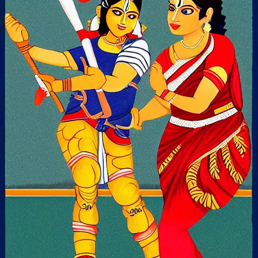 Prompt: Baseball playing goddess Durga, also known as Mata Rani and Devi Maa. Durga has many arms, more than 2 arms. She wears baseball gloves and baseball bats.