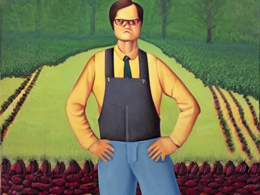 Image similar to grant wood mural of dwight schrute on his beet farm. dwight is wearing a yellow shirt and a brown striped tie