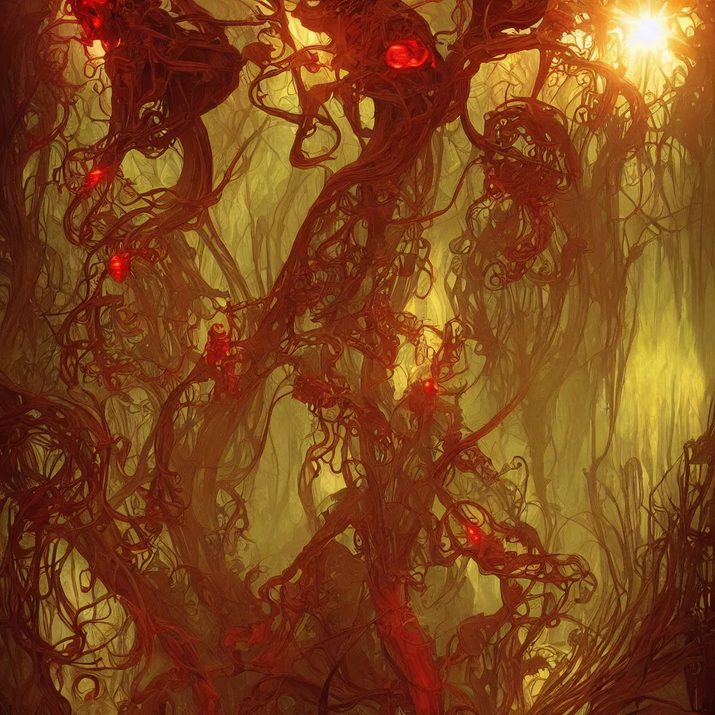 Image similar to fungus monsters by john sweeney and chris mars, red veins by alphonse mucha, intense lighting, light beams, lens flare, intricate, elegant, nightmare, highly detailed, digital painting, artstation, concept art, smooth, sharp focus, illustration