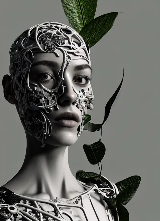 Image similar to monochrome 3 d model, biomechanical beautiful young female cyborg with porcelain profile face and a big floral eye, volumetric light, big leaves foliage and stems, hibiscus flowers, boho floral vines, sinuous fine roots, fine foliage lace, alexander mcqueen, rim light, gothic fashion pearl embroidered collar, steampunk, octane render, 8 k