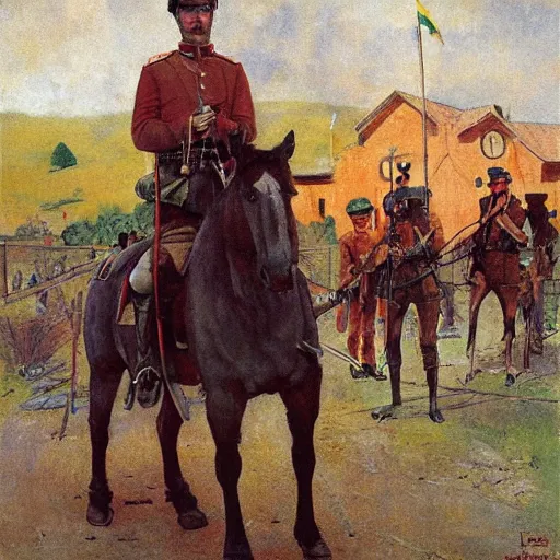 Image similar to painting of a soviet officer on his horse, pistol in his hand, leading his soldiers into battle, fine art, painted by carl larsson , art deco W 1024