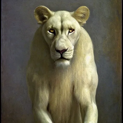 Prompt: award winning photo of muscular male albino anthropomorphic anthro furry white lion by george frederic watts