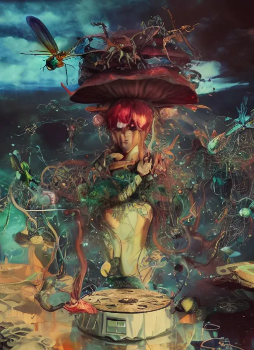 Image similar to surreal gouache painting, by yoshitaka amano, by ruan jia, by Conrad roset, by good smile company, detailed anime 3d render of a wild mushroom Surrounded by magical dragonfly and a big DJ Mixer, deck, portrait, cgsociety, artstation, rococo mechanical and Digital and electronic, dieselpunk atmosphere