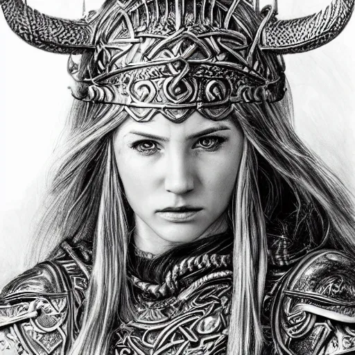 Prompt: hyper realistic pencil drawing of a viking princess, intricate detail, beautiful, battle armor, war, fight, light, dragon, colorful