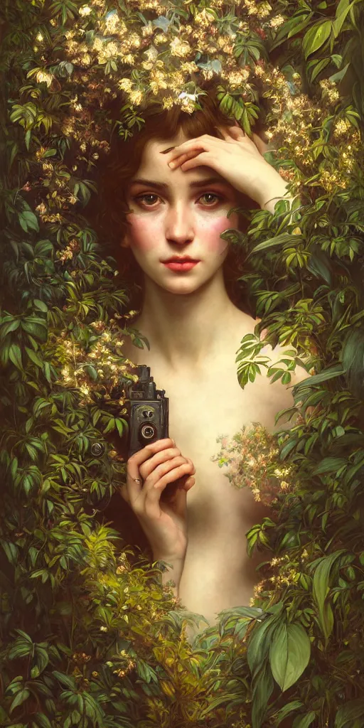 Image similar to hyper realistic photographer looking through a vintage medium format camera, design on white background, beautiful details, lush foliage cyberpunk, gold, drawn by john singer sargent, tom bagshaw, norman rockwell, alphonso mucha, lolish, trending on artstation