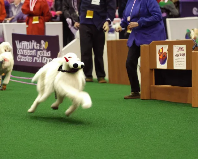 Image similar to gromit made of clay, running the agility course at the westminster kennel club dog show