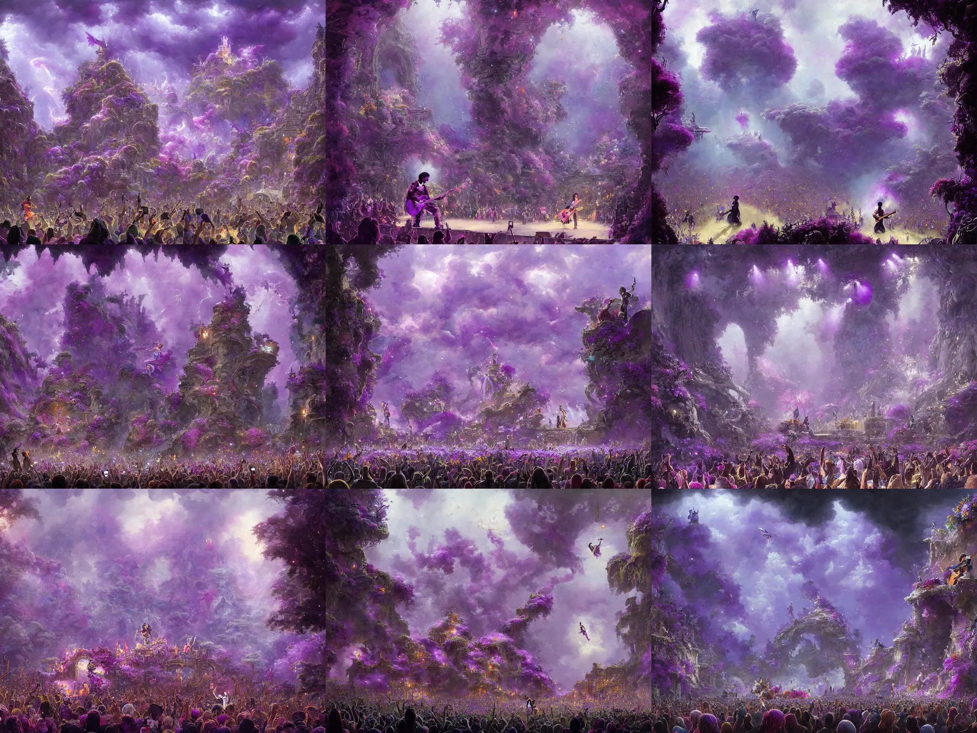 Prompt: prince playing his guitar in the purple rain to a very large audience with floral decoration on stage and the crowd going wild, fantasy art by greg rutkowski, loish, ferdinand knab, and lois van rossdraws