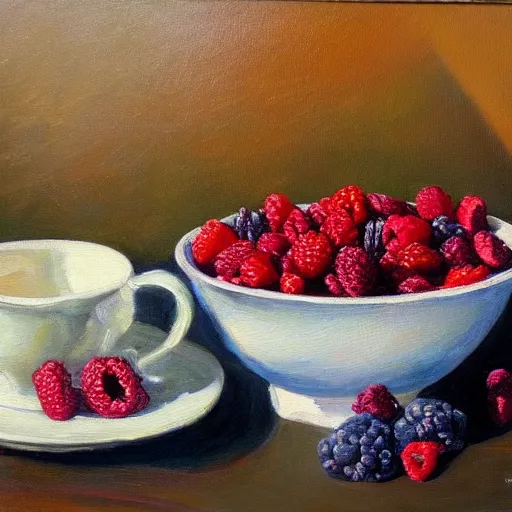 Prompt: a painting of a bowl of berries and a cup of tea, a still life by juliette wytsman, featured on deviantart, american impressionism, rich color palette, acrylic on canvas