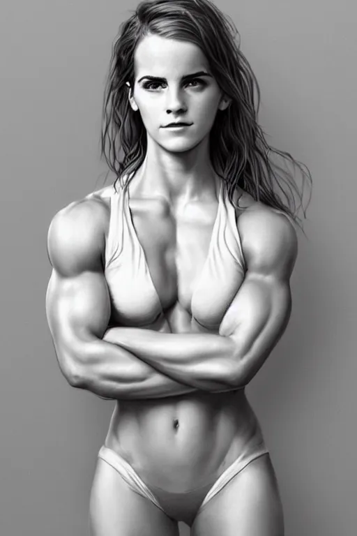 Prompt: a very beautiful portrait of a hulking herculean bodybuilder muscular musclebound bodybuilder emma watson, very beautiful face, pretty face, very detailed eyes, muscular, by wlop, greg rutkowski, simon bosley