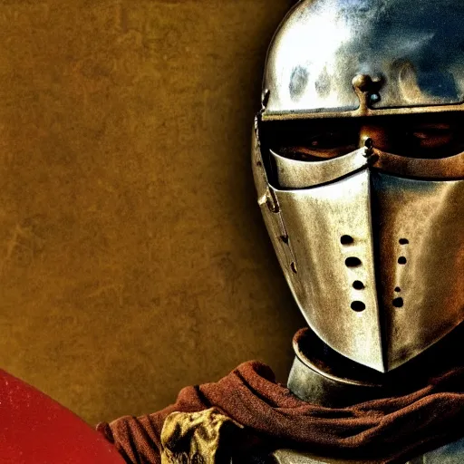 Prompt: Socialist realism portrait of medieval full plate armore knight 4k cinematic