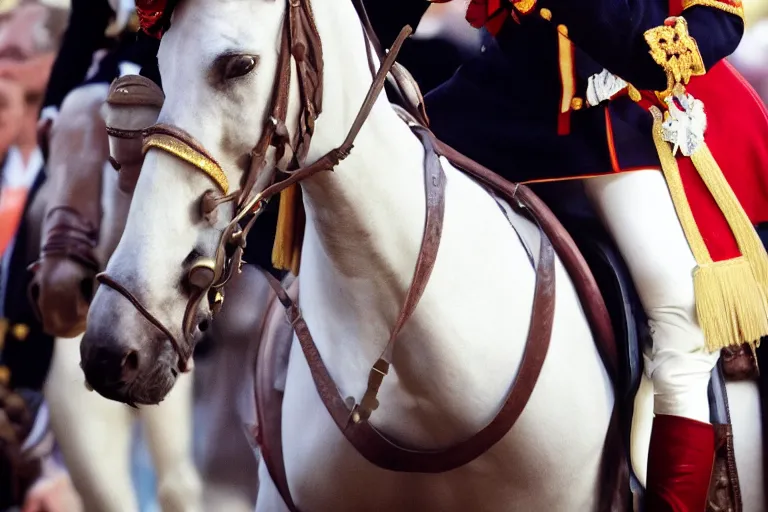 Image similar to closeup portrait of emmanuel macron dressed as napoleon riding a small pony, natural light, sharp, detailed face, magazine, press, photo, steve mccurry, david lazar, canon, nikon, focus