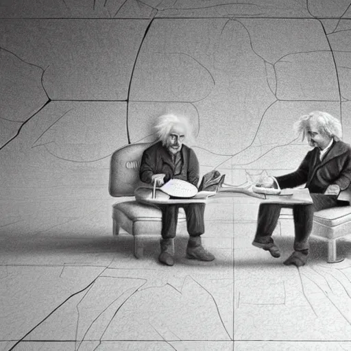 Image similar to Einstein and Newton speaks each other on a topic, pencil drawing, ultra detailed, octane render