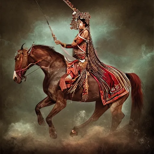 Prompt: Apsaras warrior riding a horse,traditional Chinese textures, hyper detailed, by Brook Shaden