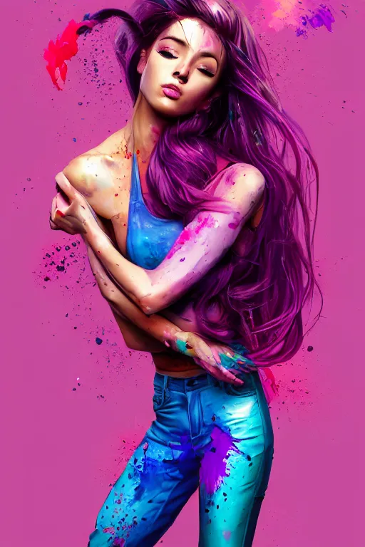 Image similar to a award winning half body portrait of a beautiful woman in a croptop and cargo pants with ombre purple pink teal hairstyle with head in motion and hair flying by artgerm, paint splashes, splatter, outrun, vaporware, shaded flat illustration, digital art, trending on artstation, highly detailed, fine detail, intricate