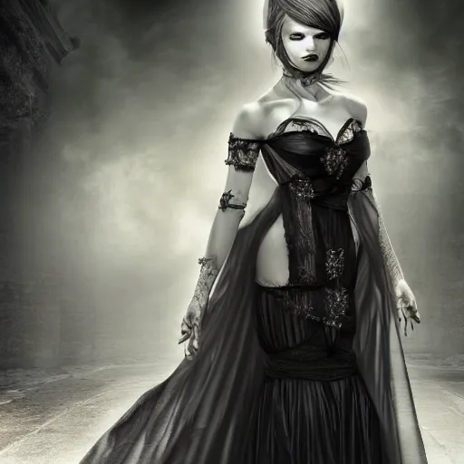 Image similar to full length portrait of a woman with timeless beauty & breathtaking eyes dressed in gothic attire, intricate, elegant, DSLR 8K, biblical art, realism, incomprehensible detail, final fantasy & silent hill aesthetic, photorealistic, lifelike, created by Razaras on deviantart