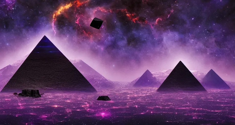 Image similar to black lovecraftian eldritch!! obsidian pyramid!! with a man standing on top of it on calm seas, cosmic purple space!, bright stars, nebula, sky background by eugene von guerard, ivan shishkin, night, cosmic brightly purple space stars, concept art, trending on artstation, 8 k