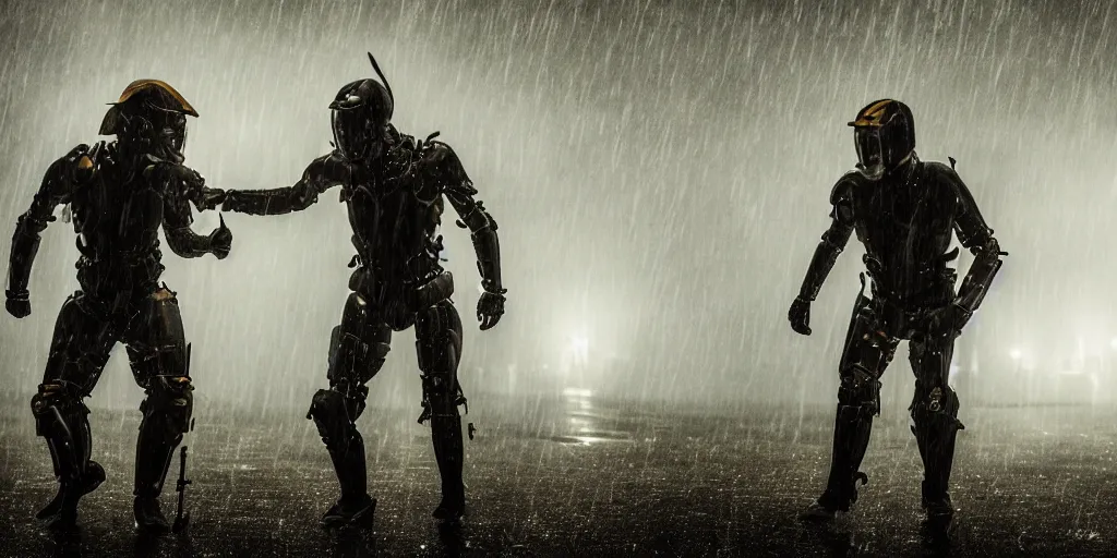 Image similar to 2 warriors in de exoskeletons battling each other in heavy rain, ground fog, moody lighting, 8 k, lightning, shallow depth of field, cinematic lighting,