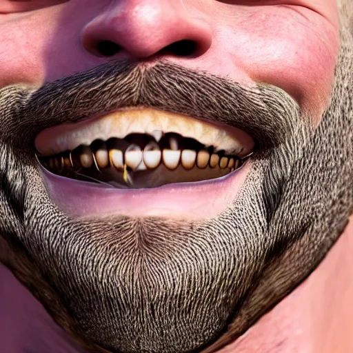 Image similar to photograph of bees crawling out of a smiling mans mouth, 8k resolution, high detail, ULTRA REALISTIC VFX, reflections