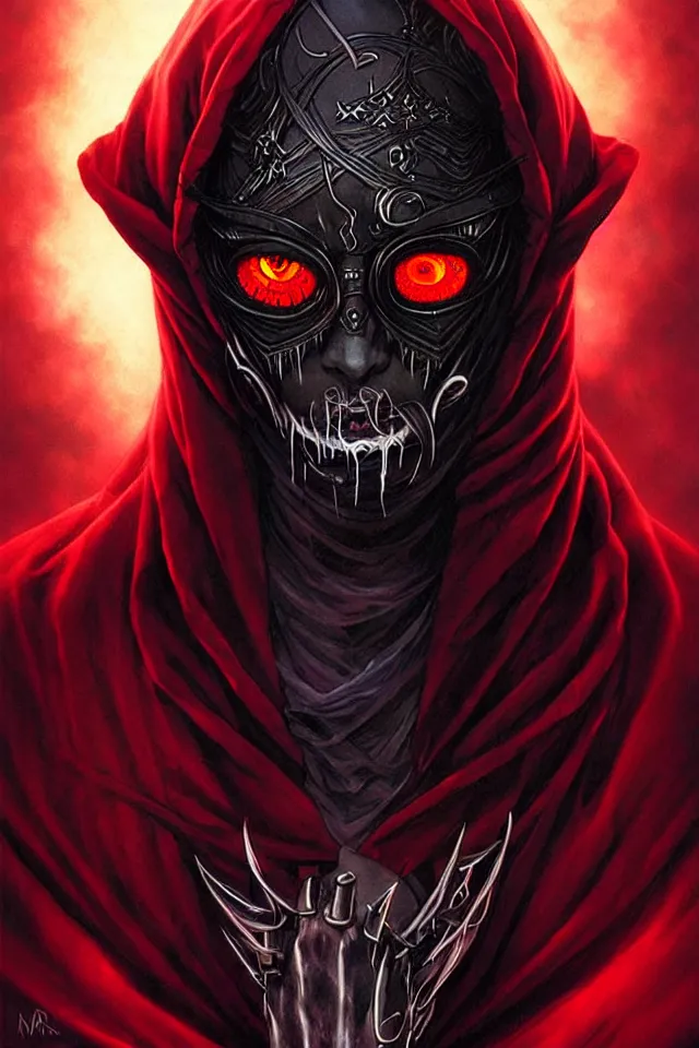 Image similar to a striking portrait of a pitch black masked eldritch shaman with sinister red eyes by moebius and ross tran and artgerm deta